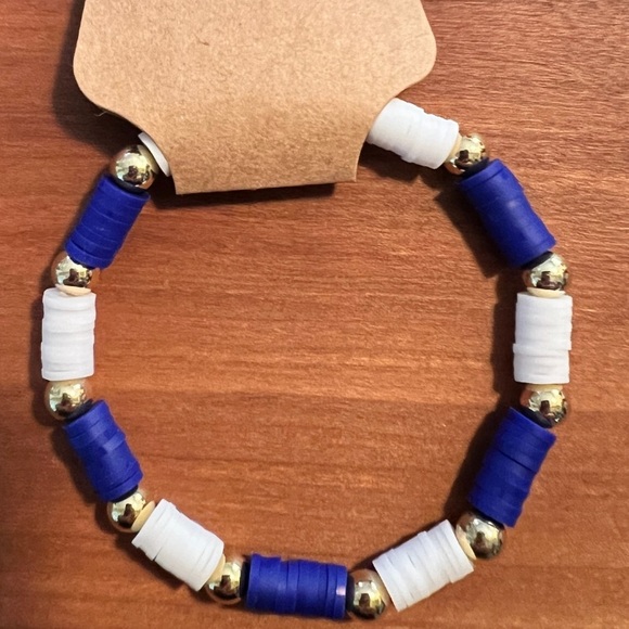 Blue and White Clay Beads Stretchy Bracelet with Gold Accents - Picture 2 of 2